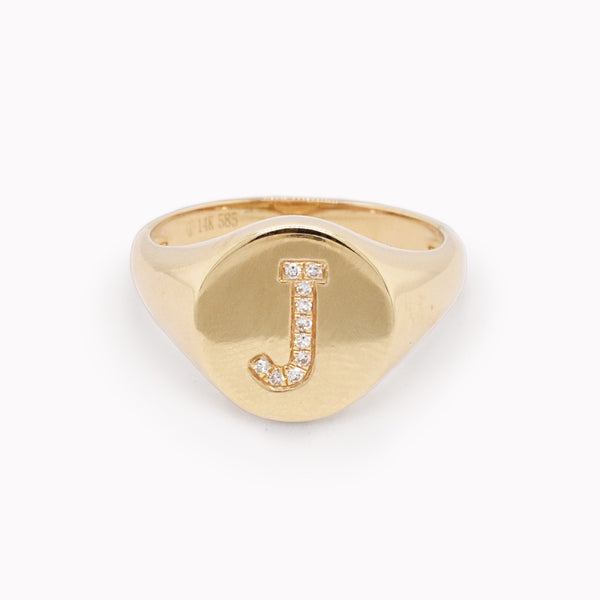 Diamond "J" Initial Signet Ring