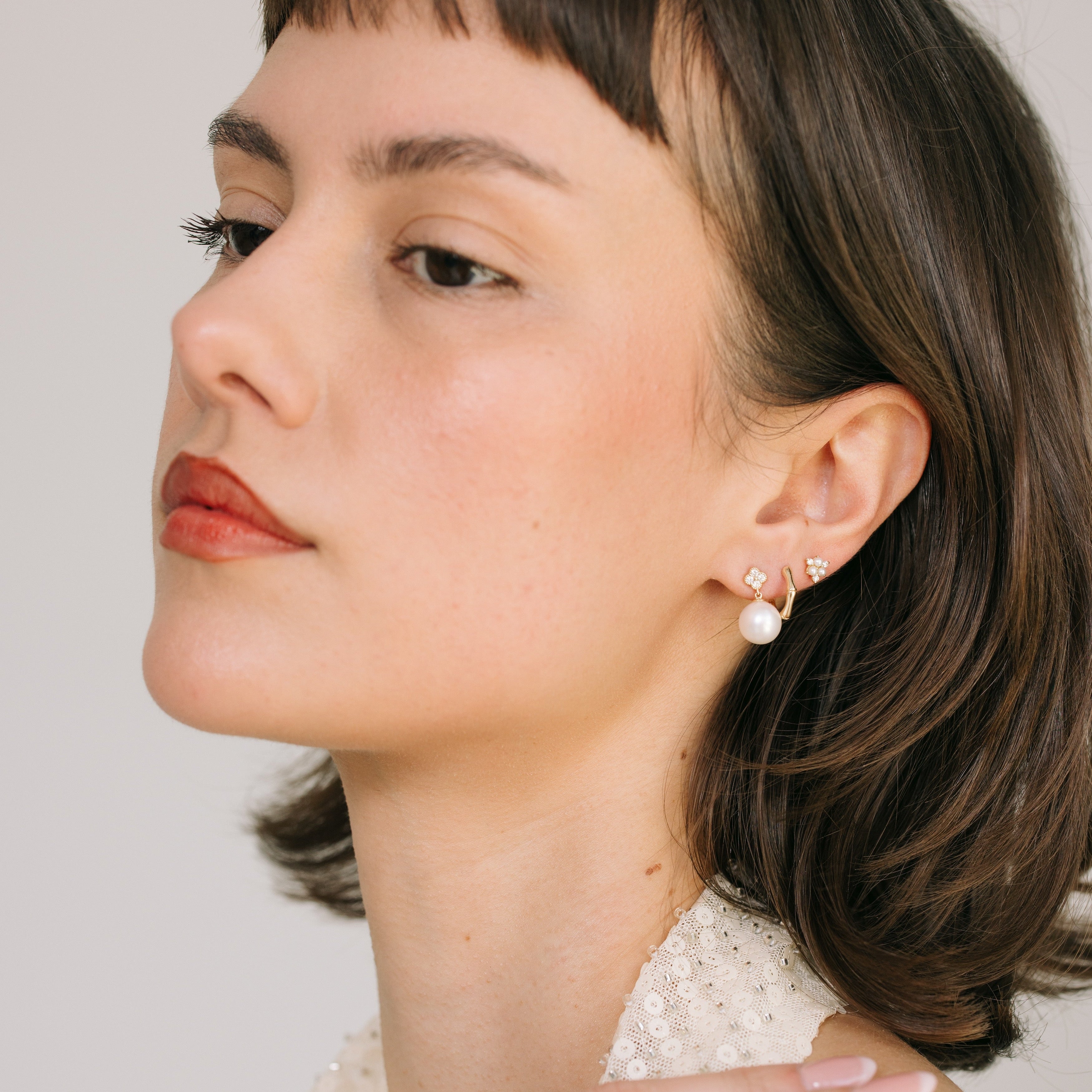 Diamond Clover Pearl Dangle Earrings