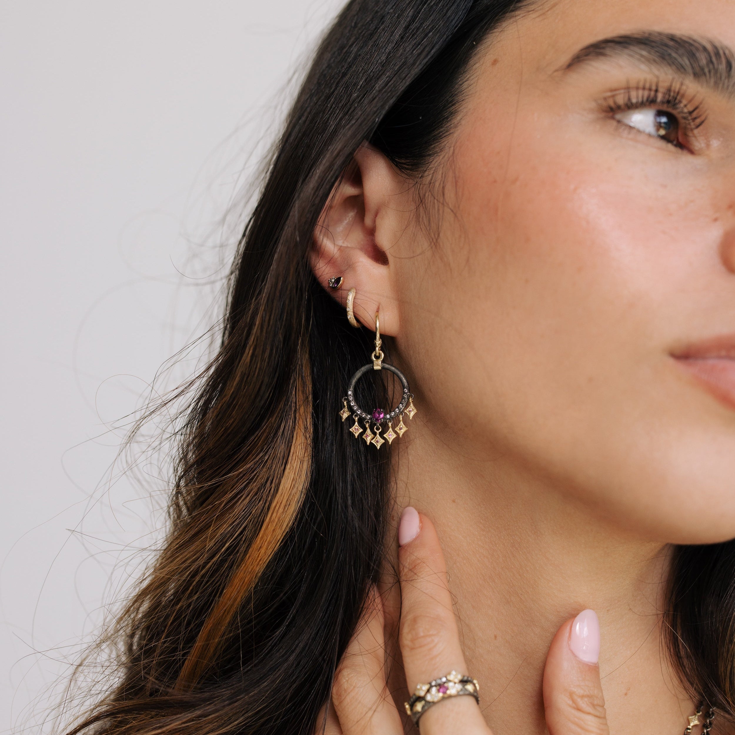 Open Circle Rhodolite Crivelli Drop Earrings