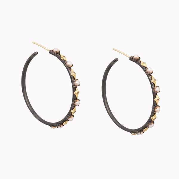 35mm Pearl & Champagne Diamond Hoop Earrings