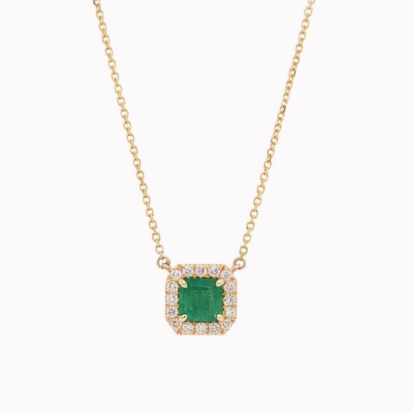 Square Step-Cut Emerald & Diamond Halo Necklace