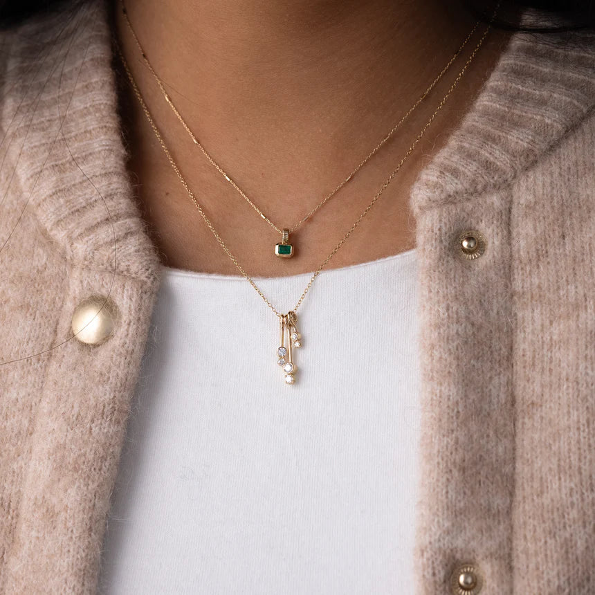 Bezel Emerald Bar Cable Chain Necklace