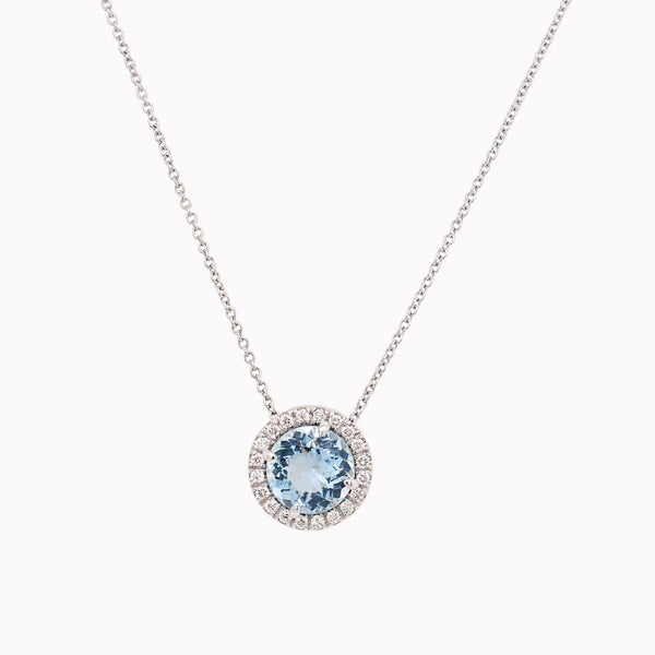 Aquamarine & Diamond Halo Pendant Necklace