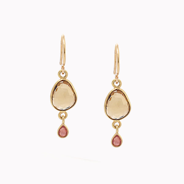 Cognac Quartz & Pink Sapphire Drop Earrings