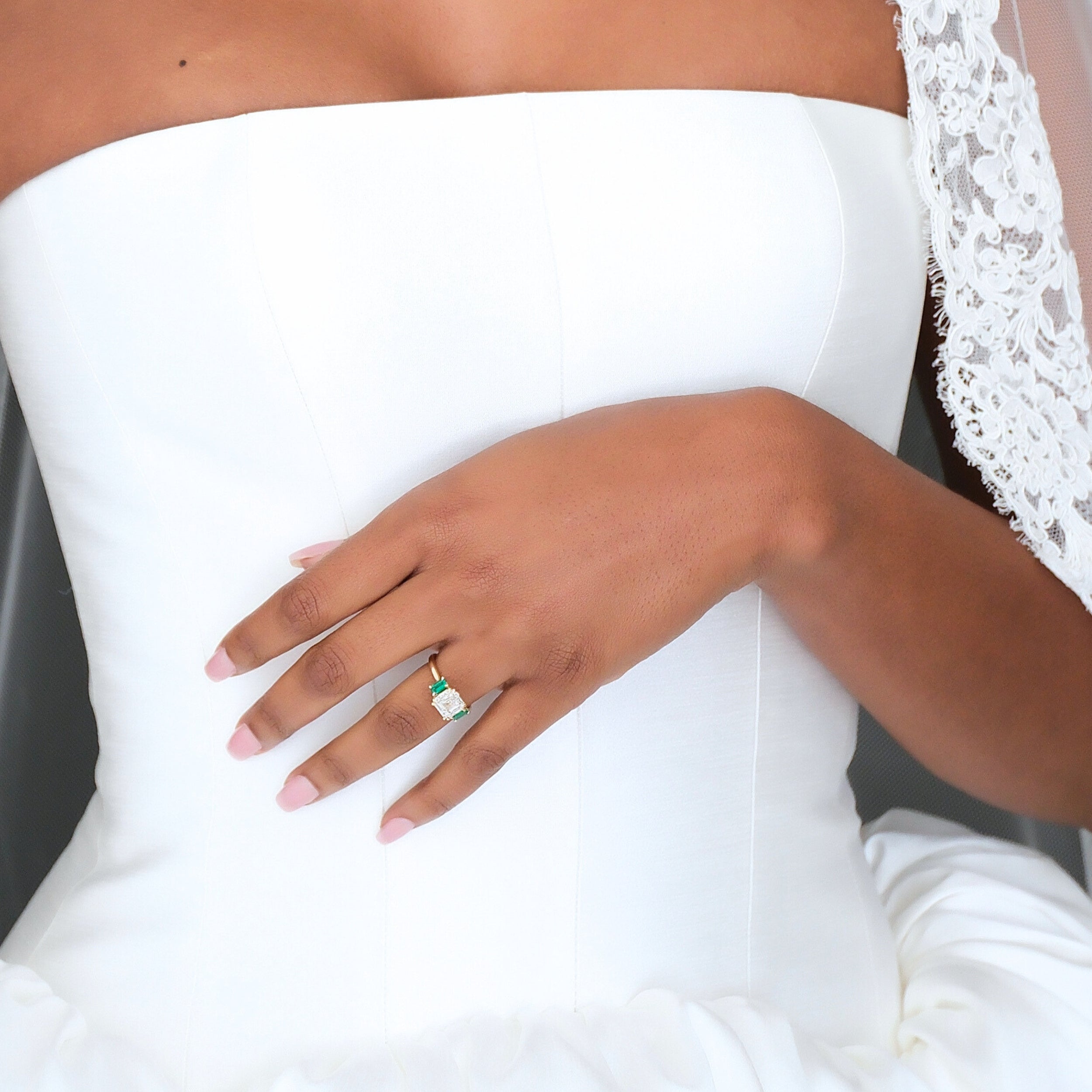 Dorothy 2.77ct Lab-Grown Diamond & Emerald Three-Stone Engagement Ring