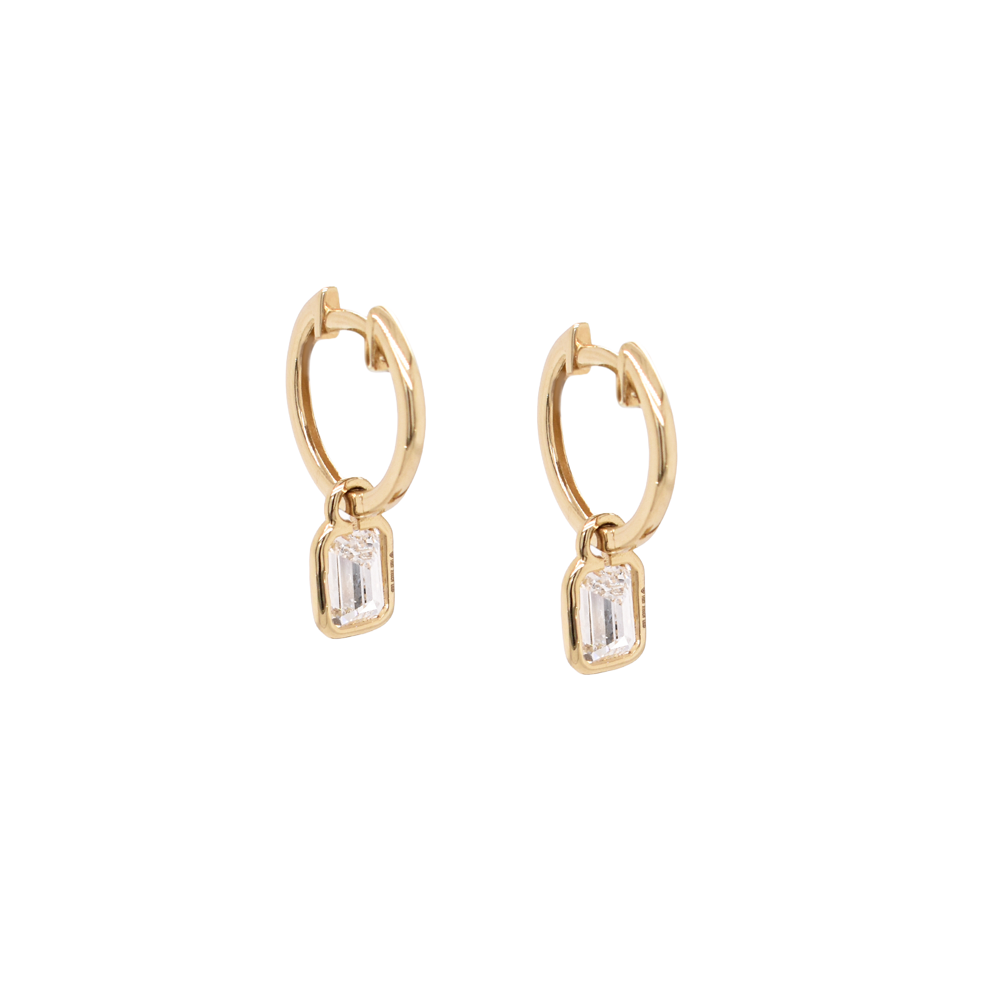 Emerald-Cut Bezel Diamond Dangle Huggies