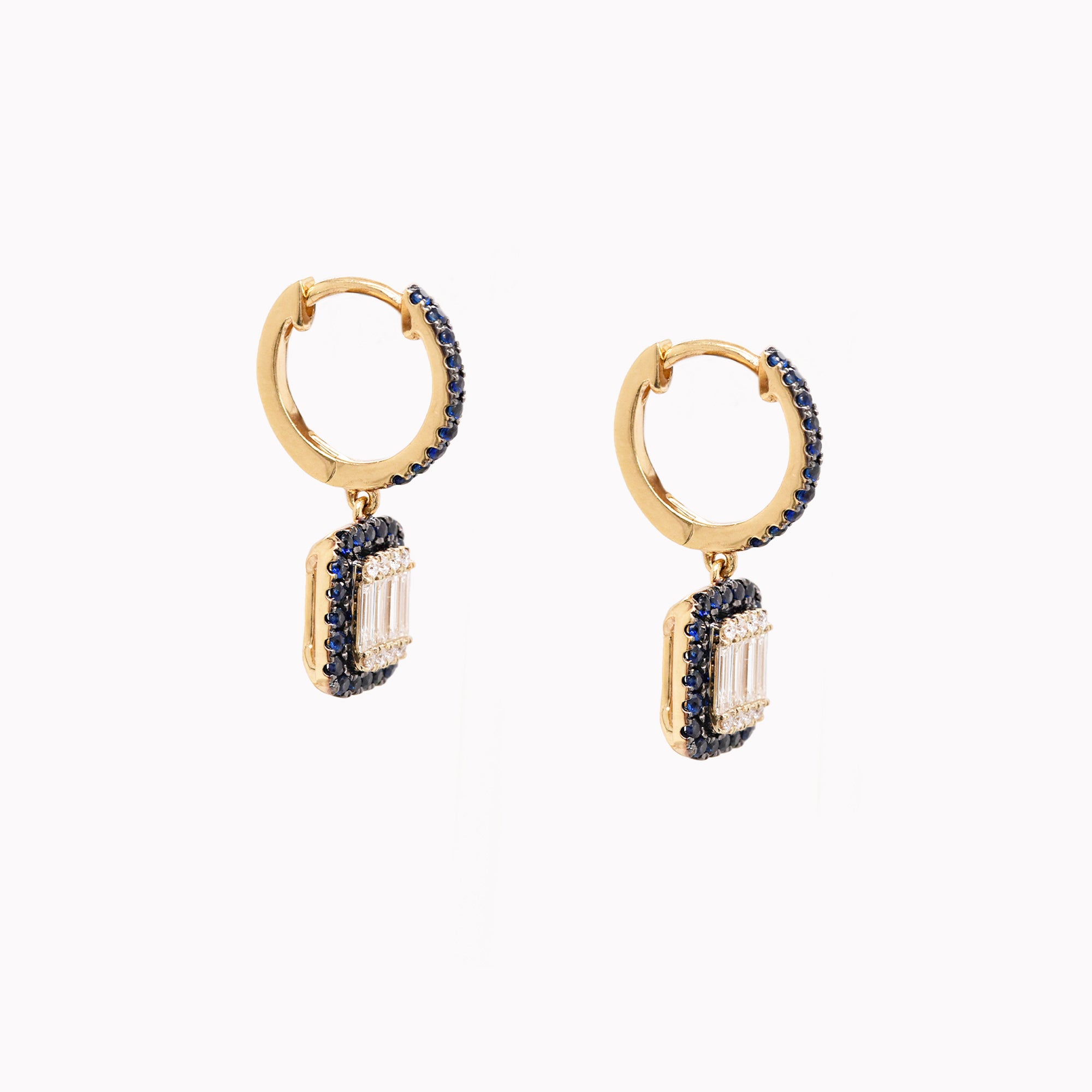 Diamond Baguette & Sapphire Dangle Huggies