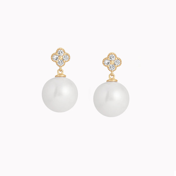 Diamond Clover Pearl Dangle Earrings
