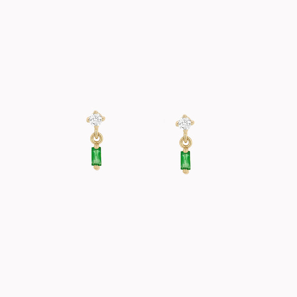 Round Diamond & Baguette Emerald Drop Earrings