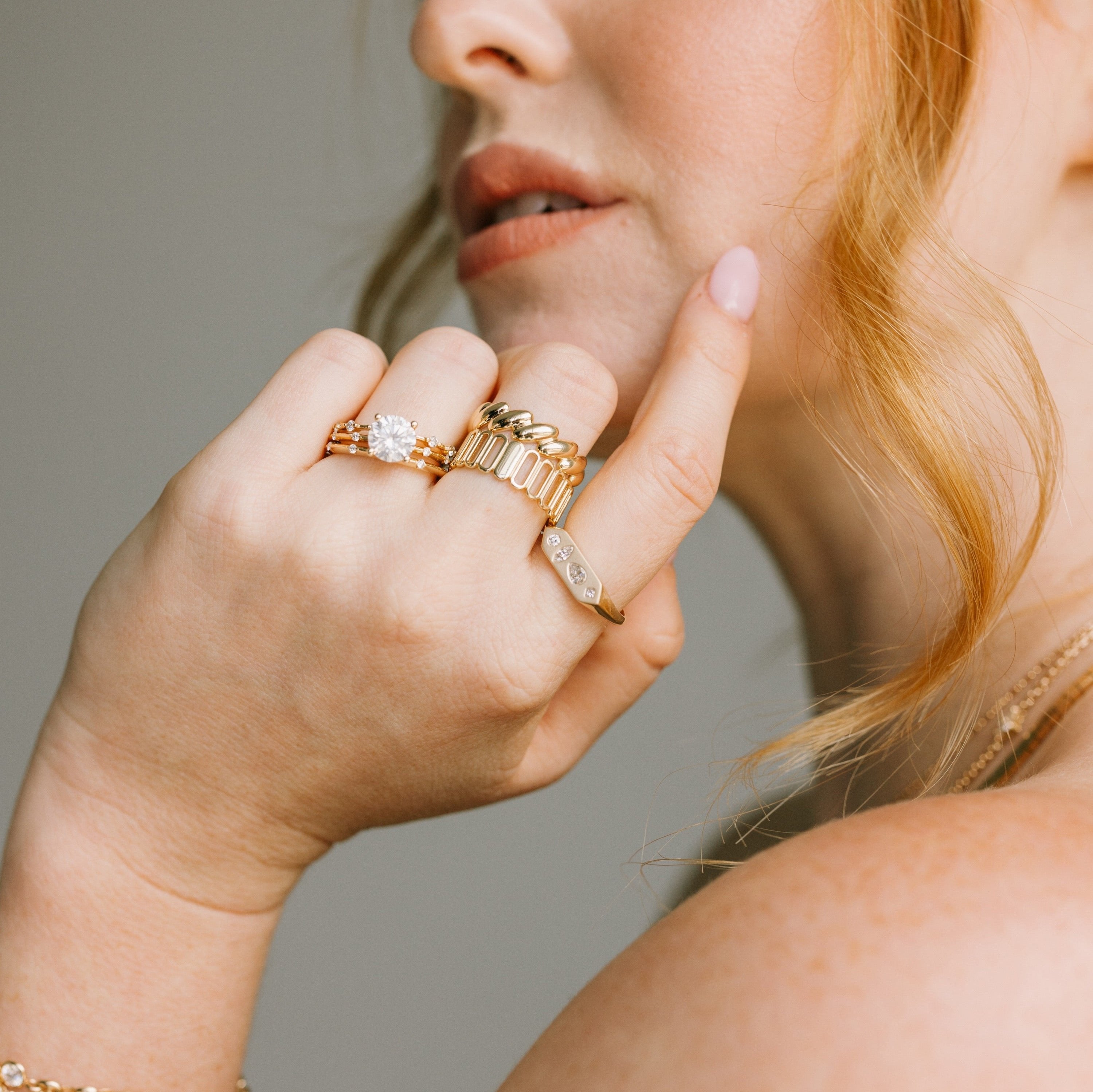 Diamond Mosaic Elongated Hexagon Signet Ring