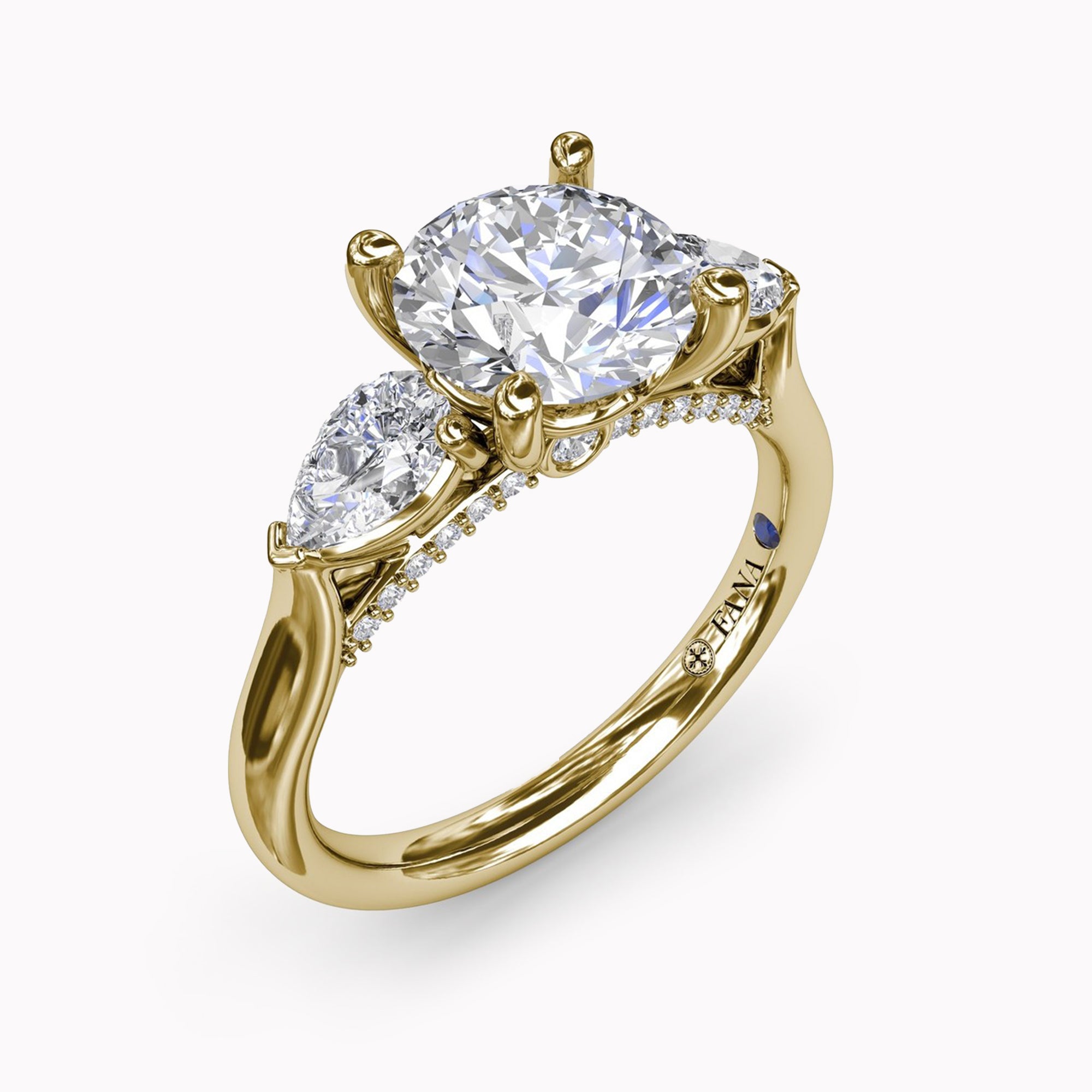 Three-Stone Ring With Pear Side Stones & Arch Halo Engagement Setting