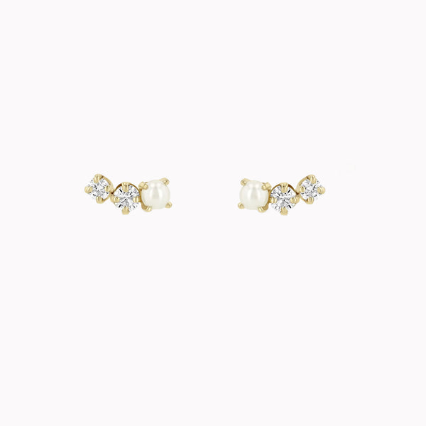 Graduated Prong Pearl & Diamond Curve Studs