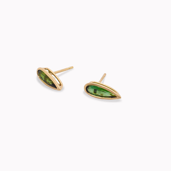 Green Tourmaline Pear Bezel Stud Earrings