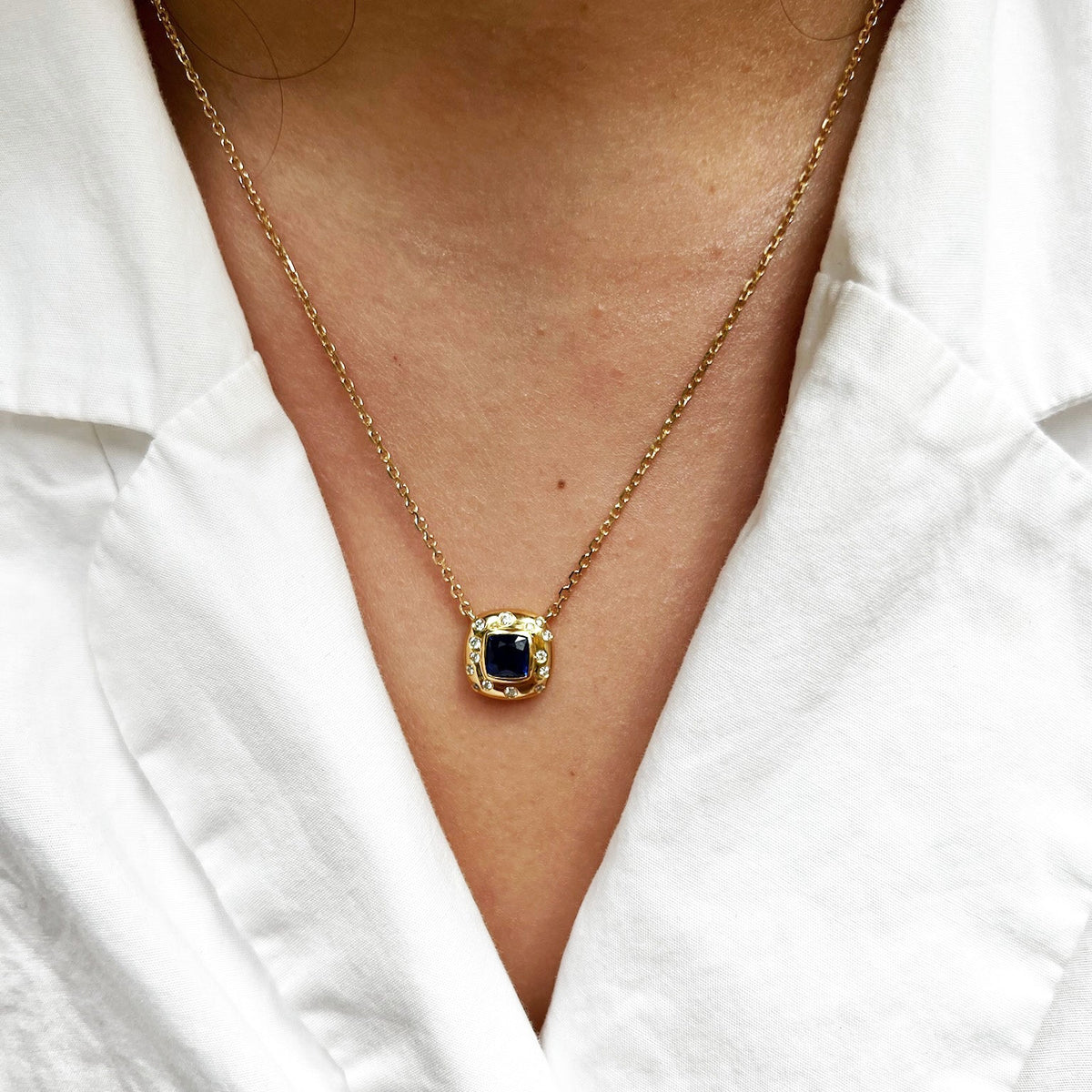 Sapphire & Scattered Diamond Pendant Necklace