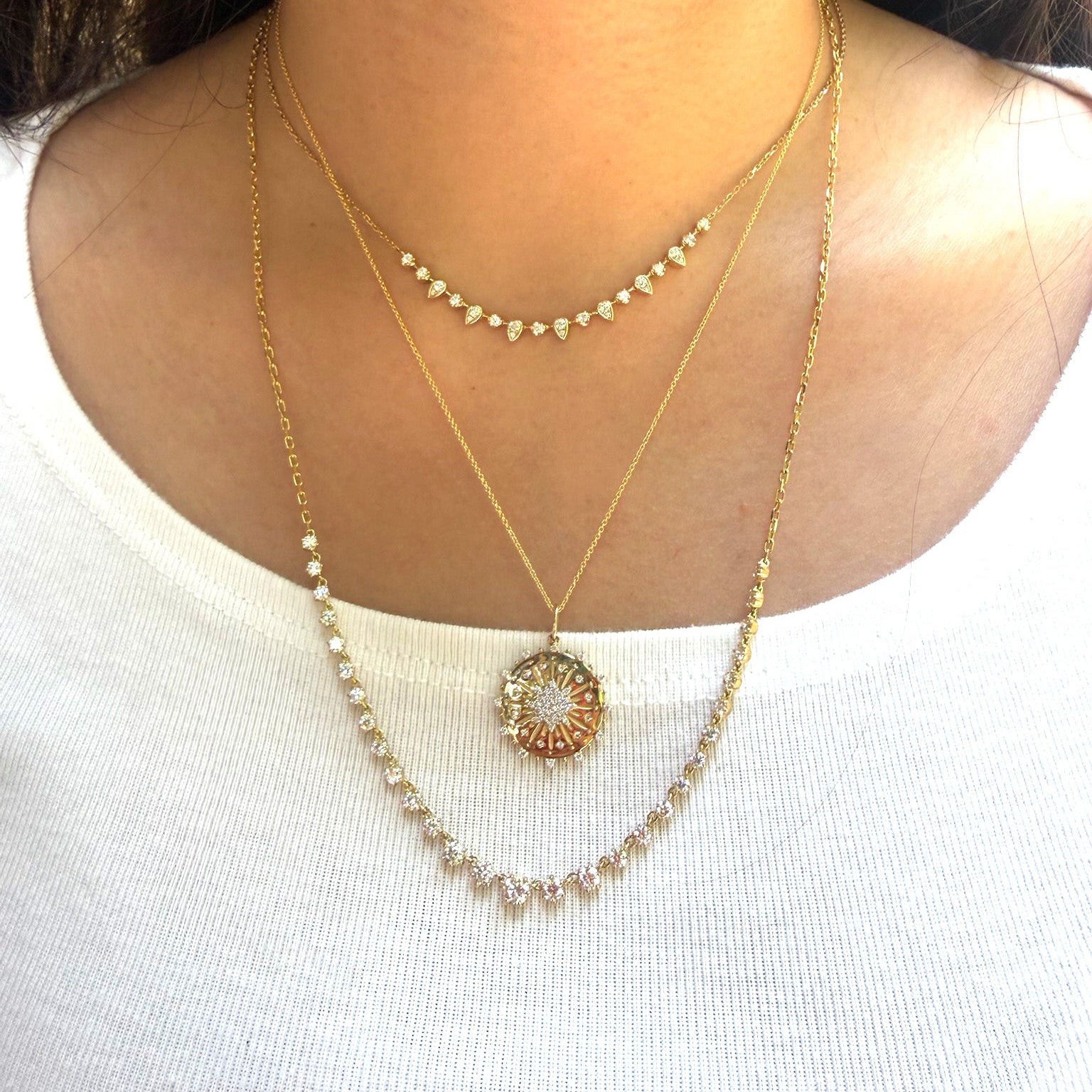 Diamond Sun Ray Disc Pendant Necklace