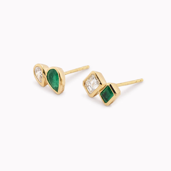Mismatched Emerald & Diamond Toi Et Moi Studs