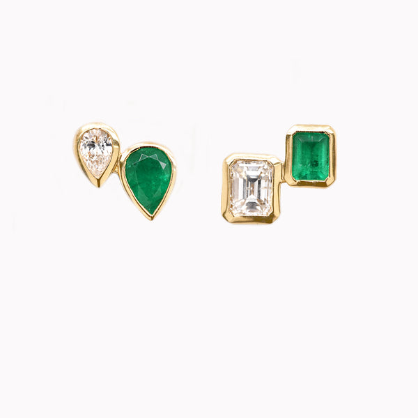 Mismatched Emerald & Diamond Toi Et Moi Studs