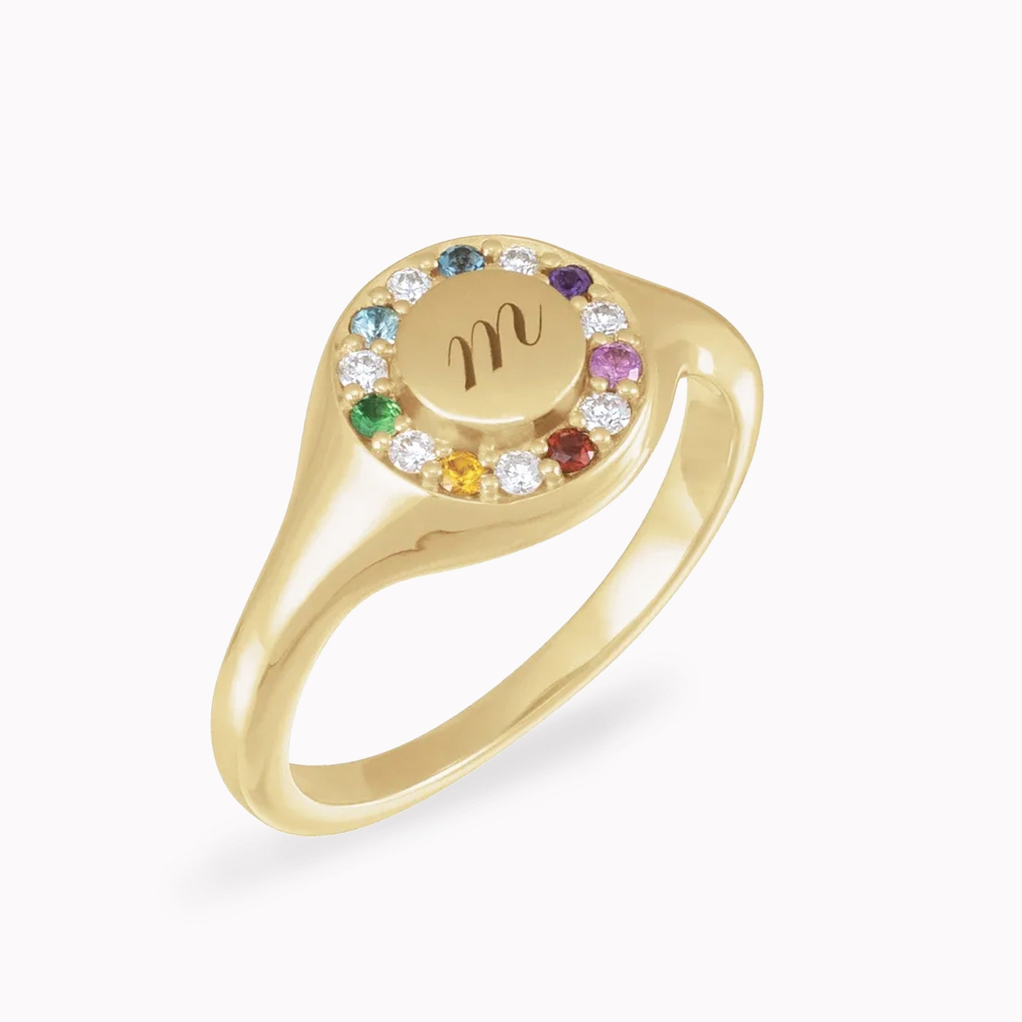 Engravable Multi-Gemstone & Diamond Halo Signet Ring