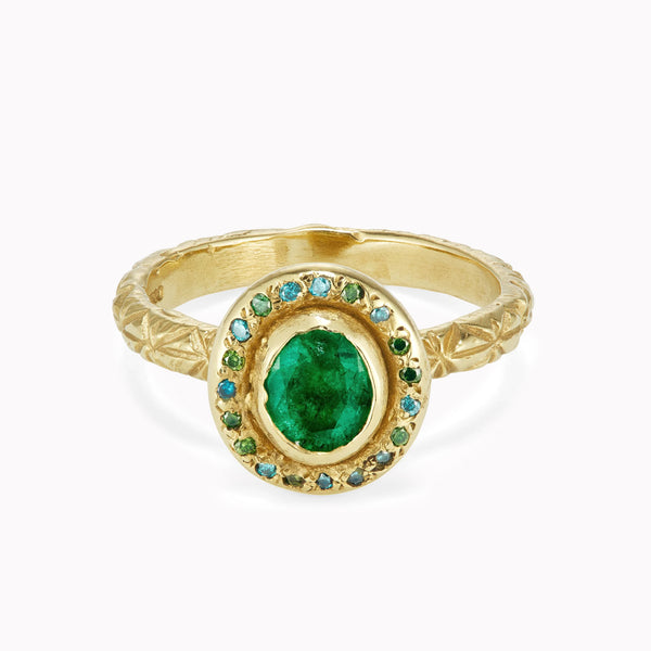 Emerald & Colored Diamond Halo Ring
