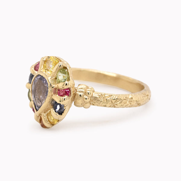 Rainbow Pear Sapphire Halo Ring