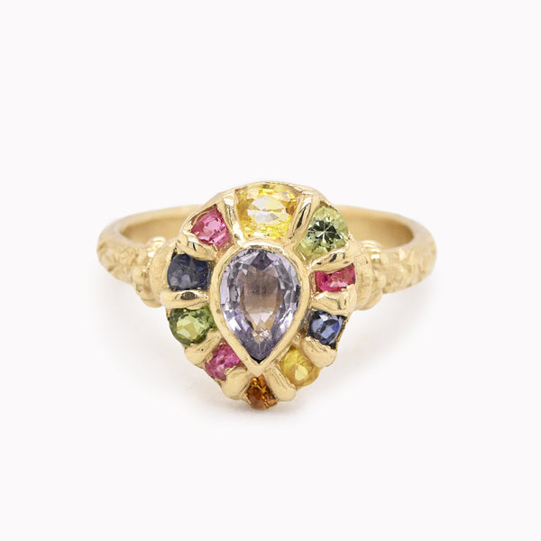 Rainbow Pear Sapphire Halo Ring