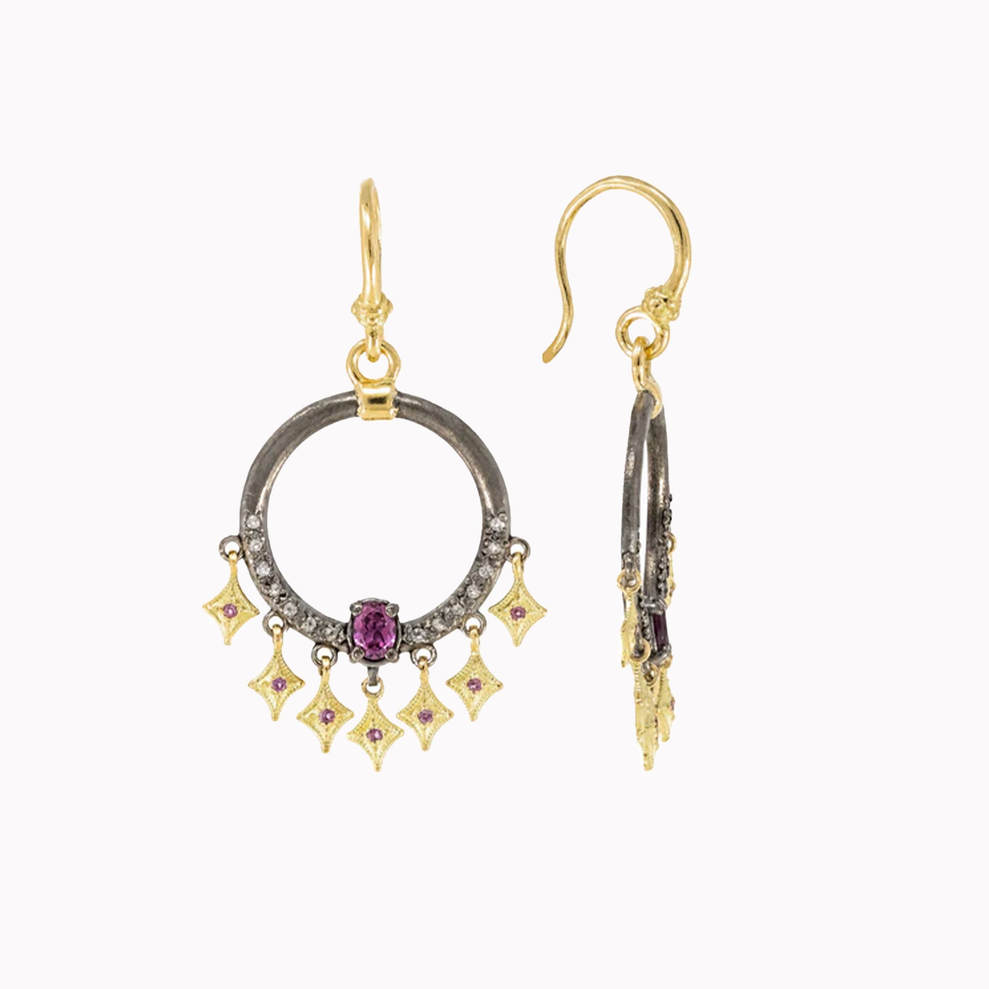 Open Circle Rhodolite Crivelli Drop Earrings