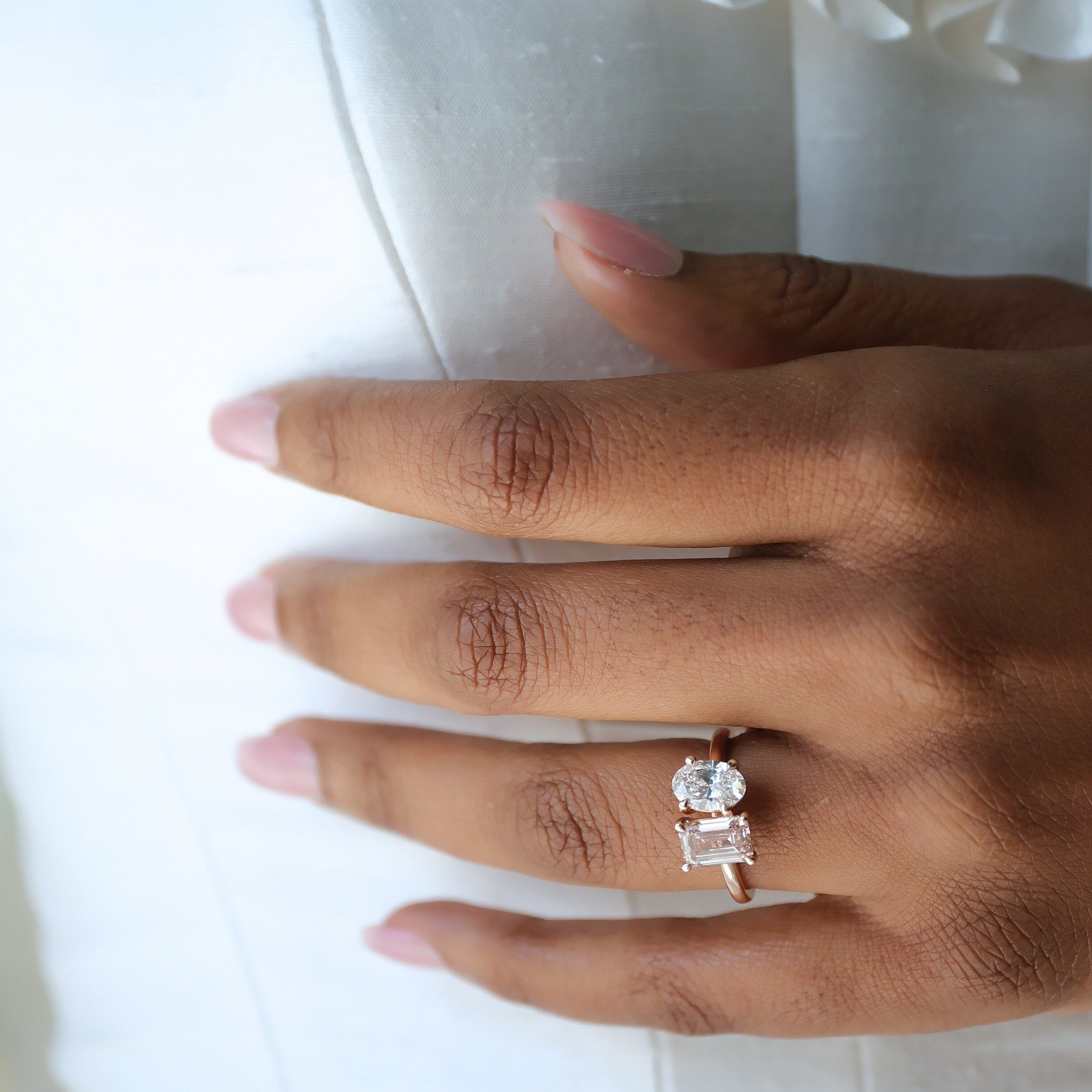 Toi Et Moi Oval White Diamond & Pink Emerald-Cut Diamond Engagement Ring