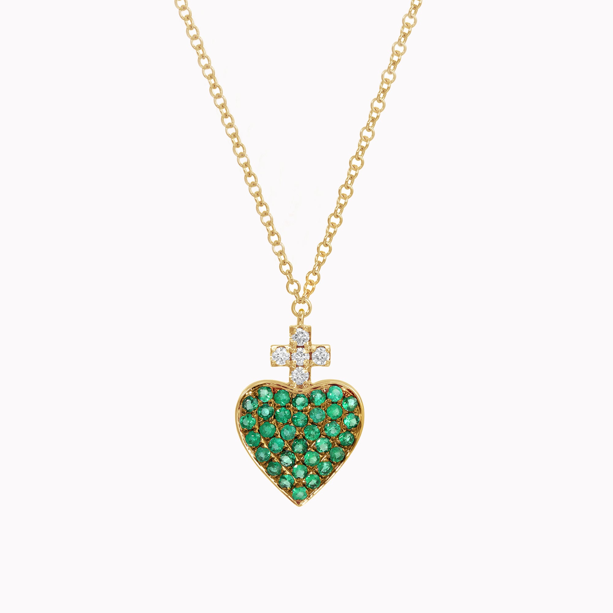Sacred Heart Emerald & Diamond Cross Necklace