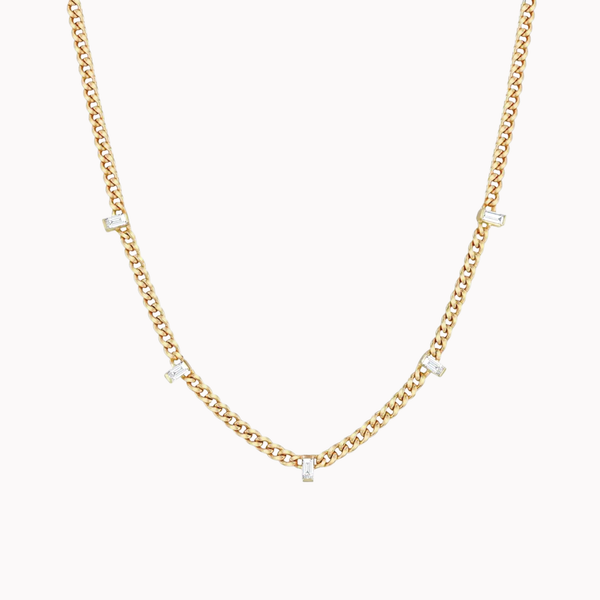 Curb Chain Baguette Diamond Station Necklace