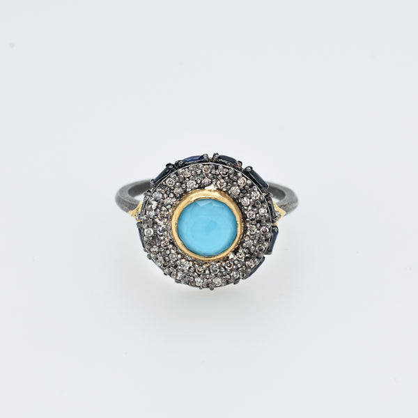 Old World Turquoise, Diamond, and Sapphire Statement Ring - Eliza Page