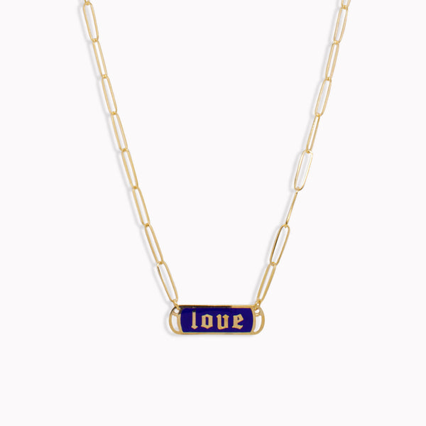 Navy Enamel "Love" Paperclip Chain Necklace