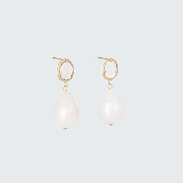 Diamond Slice Pearl Drop Earrings - Eliza Page