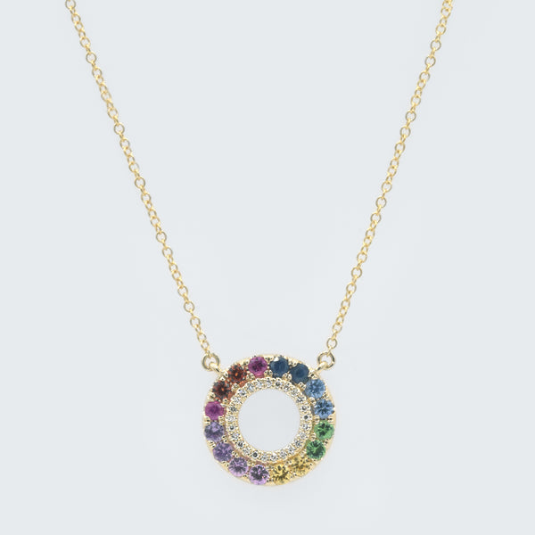 Rainbow Sapphire & Diamond Halo Necklace - Eliza Page